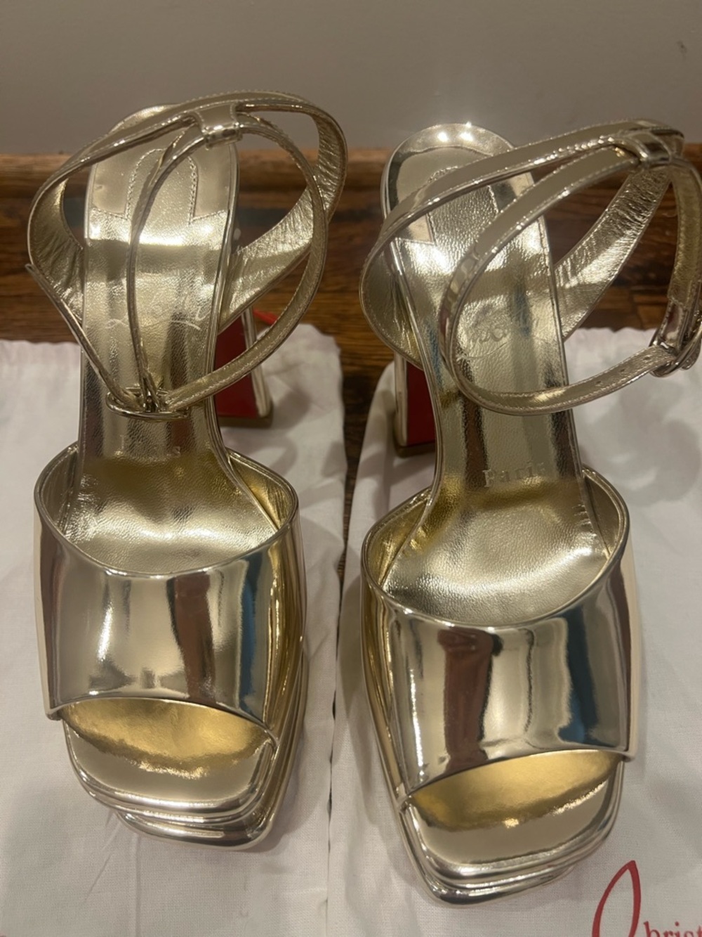Christian Louboutin Metallic Gold Platform Ankle-Strap Sandals - Picture 3 of 7